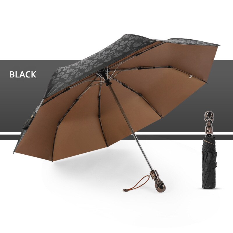 Skeleton head automatic 3 fold rain umbrella waterproof anti ultraviolet parasol wind resistant umbrella: Black