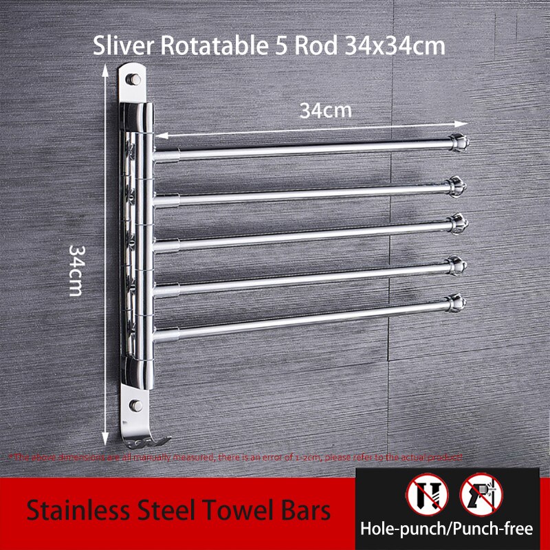Rotatable Rod Towel Hanger Bar Punch-Free Stainless Steel Wall Shower Hanging Movable Holder Rack Bathroom Accessories 00TB0302: 5 Pole Long 34cm