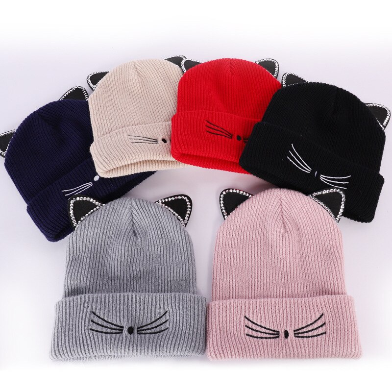 Śliczne kapelusz z uszami ciepłe czapka damska z dzianiny zima kot czapka z czaszkami zima kobieta na zewnątrz czapka czapka bez daszka Panama dama czapka