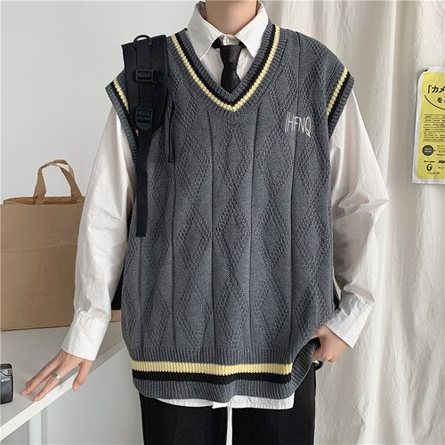 Gilet Sans Manches Col V Rayé Coton Homme – Pull Tricot Décontracté Étudiant Ou Business Casual Printemps/Automne