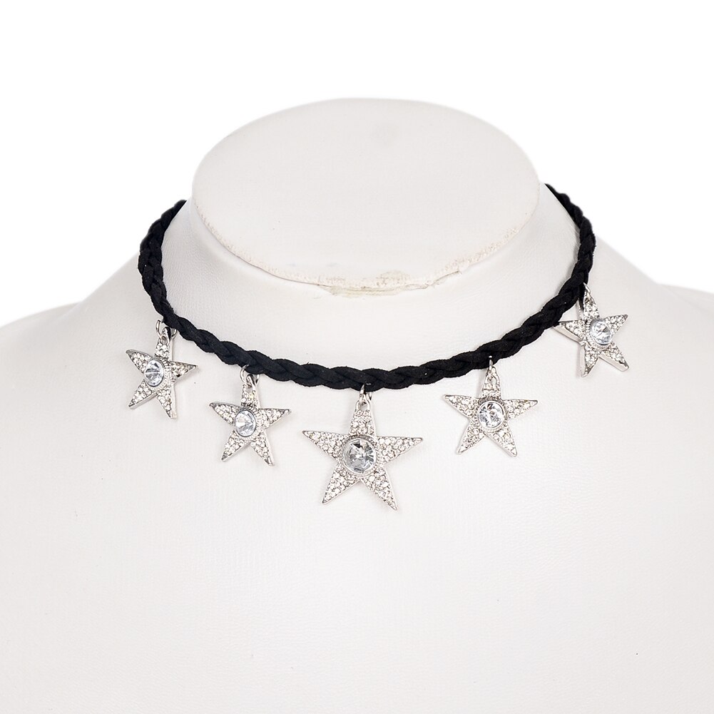 Gevlochten Zwart Leer Choker Ketting Mode Zilveren Kleur Kristal Ster Hanger Kwastje Kraag Statement Ketting Vrouwen Sieraden