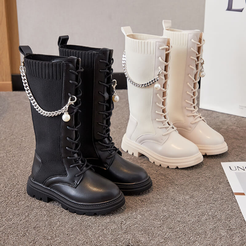 Inverno único botas de alta-tubo botas meia meados de tubo botas novas crianças malha botas de estiramento meninas botas de metal corrente princesa