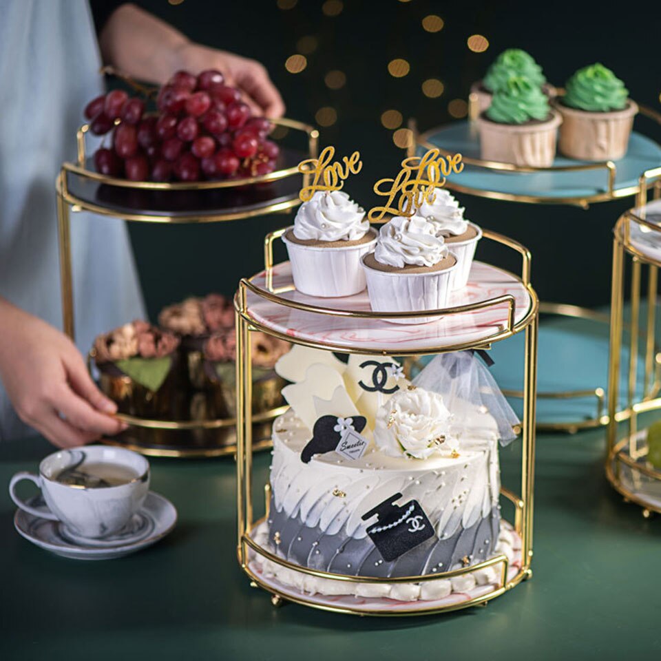 Msjo – présentoir à gâteaux en marbre, Double couche, style nordique, plateau à fruits, pâtisserie, doré, Table à Dessert, mariage, fête d&#39;anniversaire, décoration