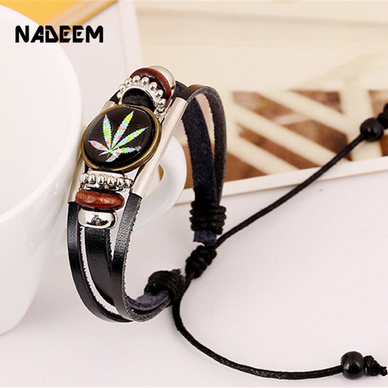 NADEEM-pulsera de cuero con de hoja de arce para hombre y mujer, brazalete ajustable de cuero trenzado, hecho a mano