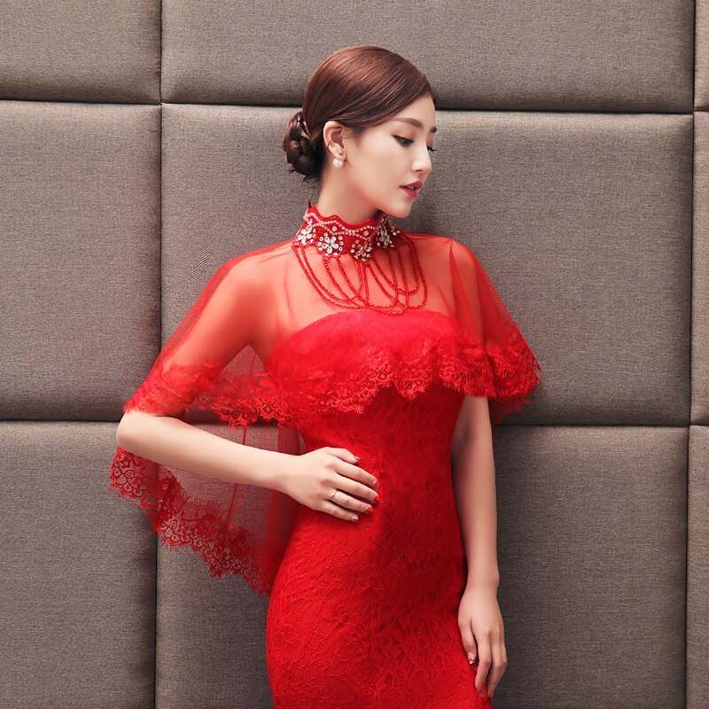 Wedding Cape Bridal Shawl White Red Tulle Crystal Lace Bolero For Women Long Cape Cloak Shawl Shrug Chaquetas De Fiesta Mujer: Short As picture2