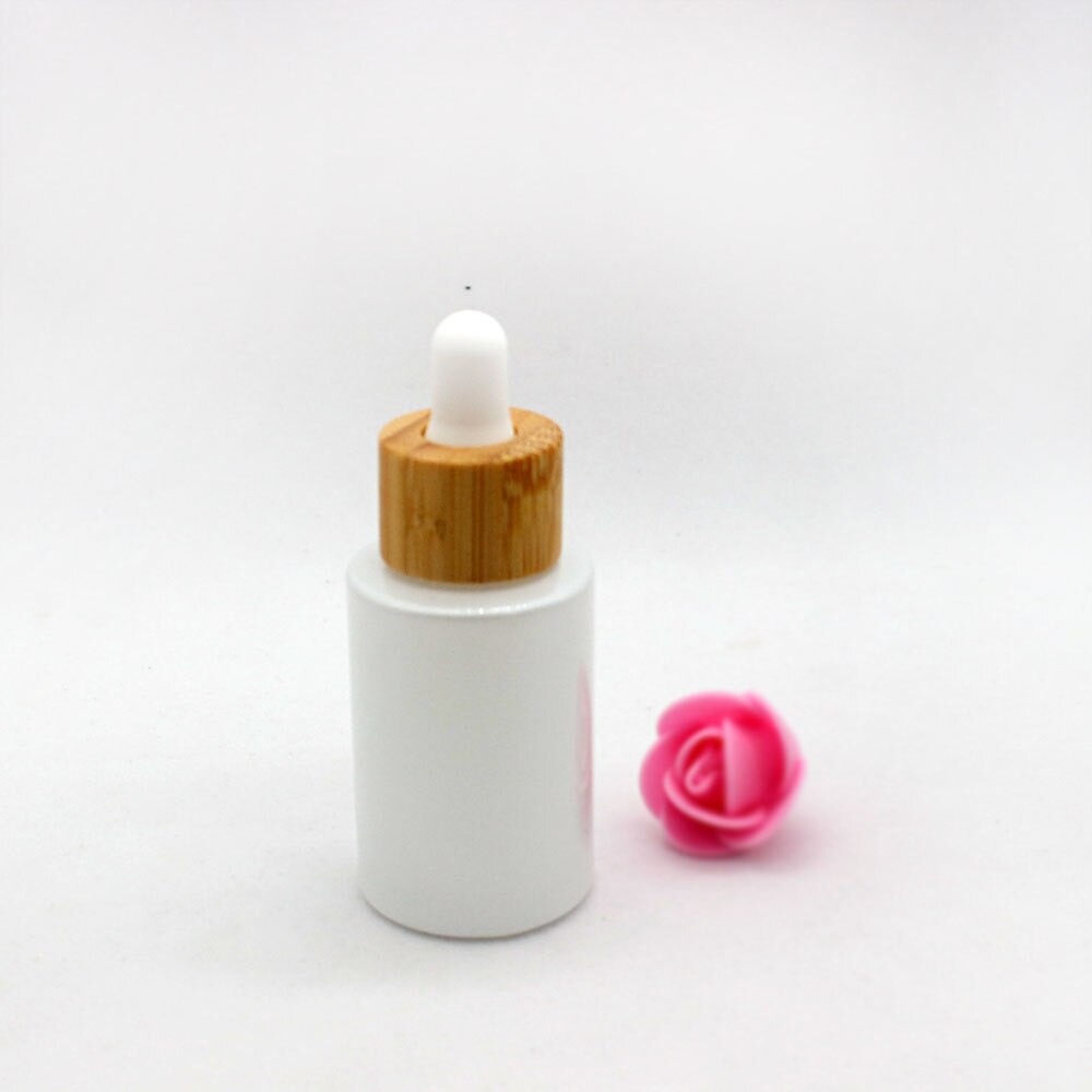 30ml White pearlescent glass dropper bottle bamboo lid pipette cosmetic lotion packaging container