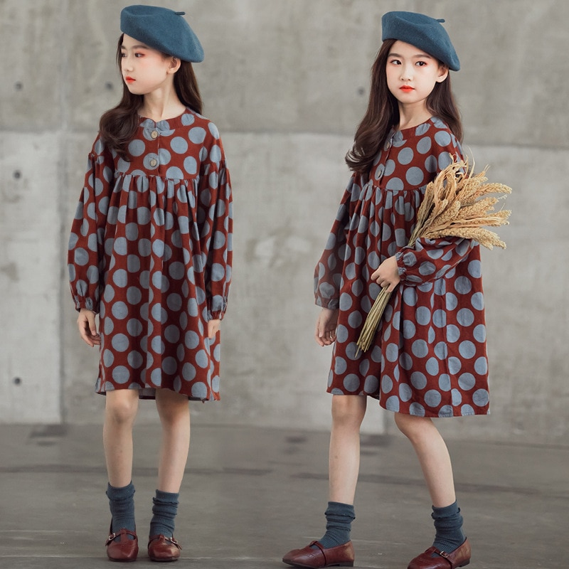 Teen Girls Polka Dot Princess Dress Autumn Korean Children Clothes Kids Girls Casual Dresses Cotton Dress, #9128