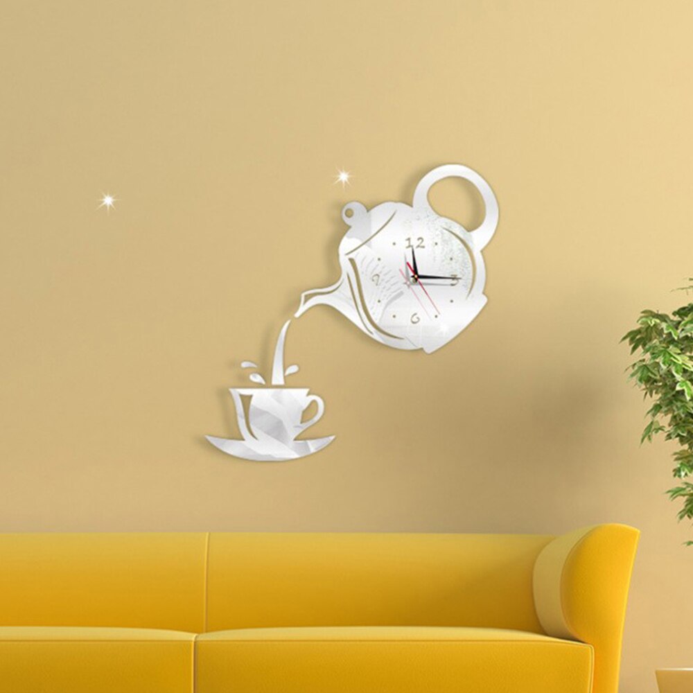 Diy Acrylic Coffee Cup Teapot 3D Mirror Wall Clock Decorative Kitchen Wall Clocks Living Room Home Decor Clock