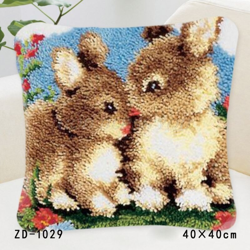 Animal Series DIY Latch Hook Rug Kit 3D Segment Embroidery Pillow Wool Cross Stitch Carpet Set: 1029-Double Rabbit