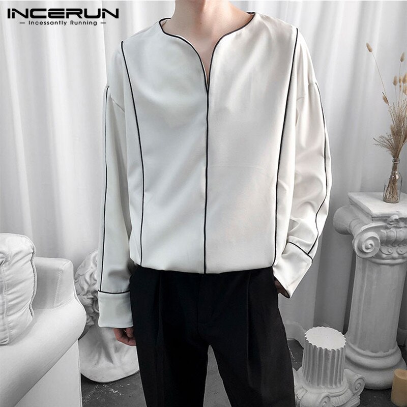 INCERUN Long Sleeve Loose Brand Shirts Men Casual Shirt Korean Chic V Neck Blouse Color-block Camisa Plus Size