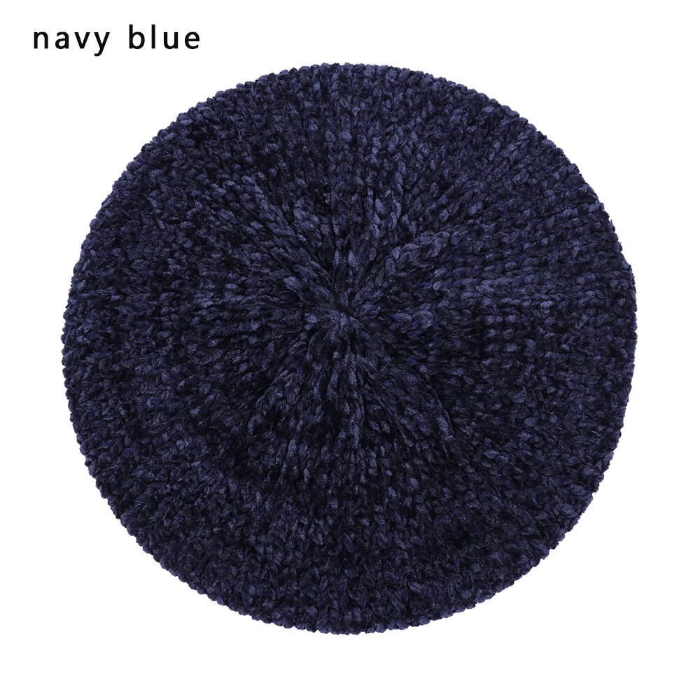 Dames winter baretten hoed chenille vintage stijl baretten dames effen kleur zachte warme mutsen dames eenvoudige mutsen: Marineblauw