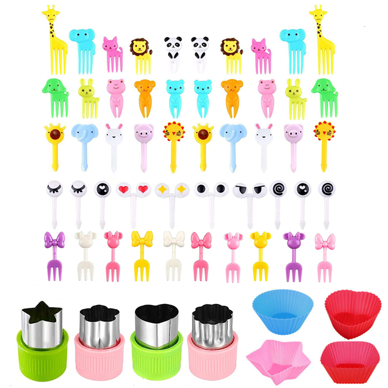 Cute Mini Food Picks Children Animal Toddler Cartoon Snack Cake Dessert Food Fruit Forks With Cutter Silicone Lunch Box Dividers