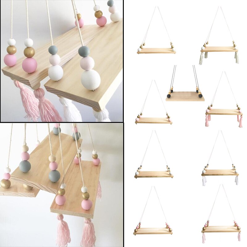 Bedroom Decoration Wall Hanging Ornaments Tassel Beads Pendant Wooden Board Storage Shelf Rack Photo Props Child Kid Room Home
