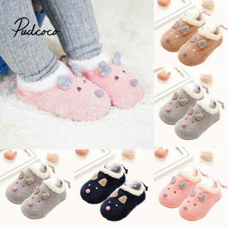 Brand Newborn Toddler Infant Baby Girl Winter Warm Socks Shoes Cartoon Furry Anti-slip Lace Cotton Socks Slipper Boots