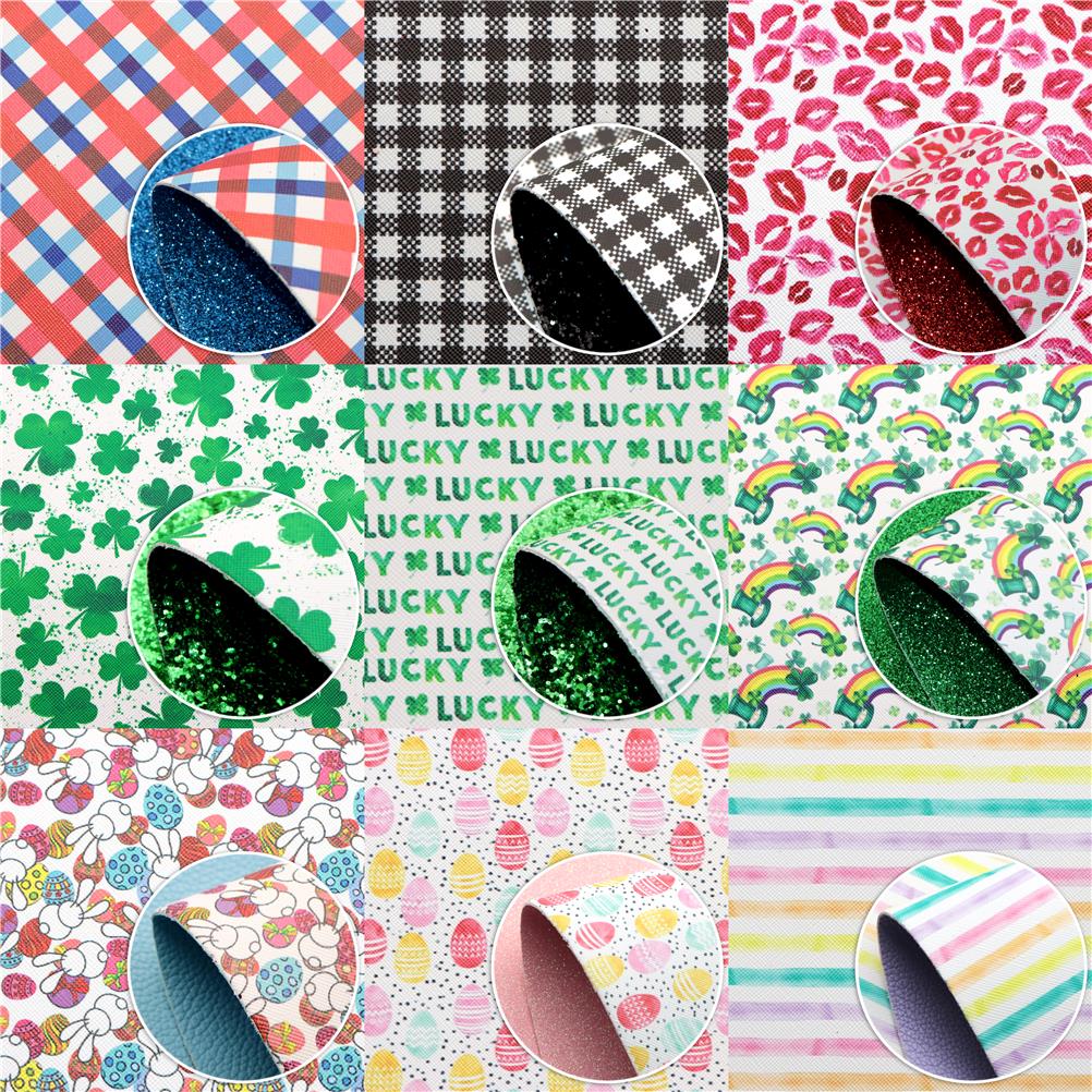 Double Sided Faux Leather Sheets Love Rabbit Plaid Printed Synthetic Leather Fabric for Easter Valentine's St. Patrick's Day