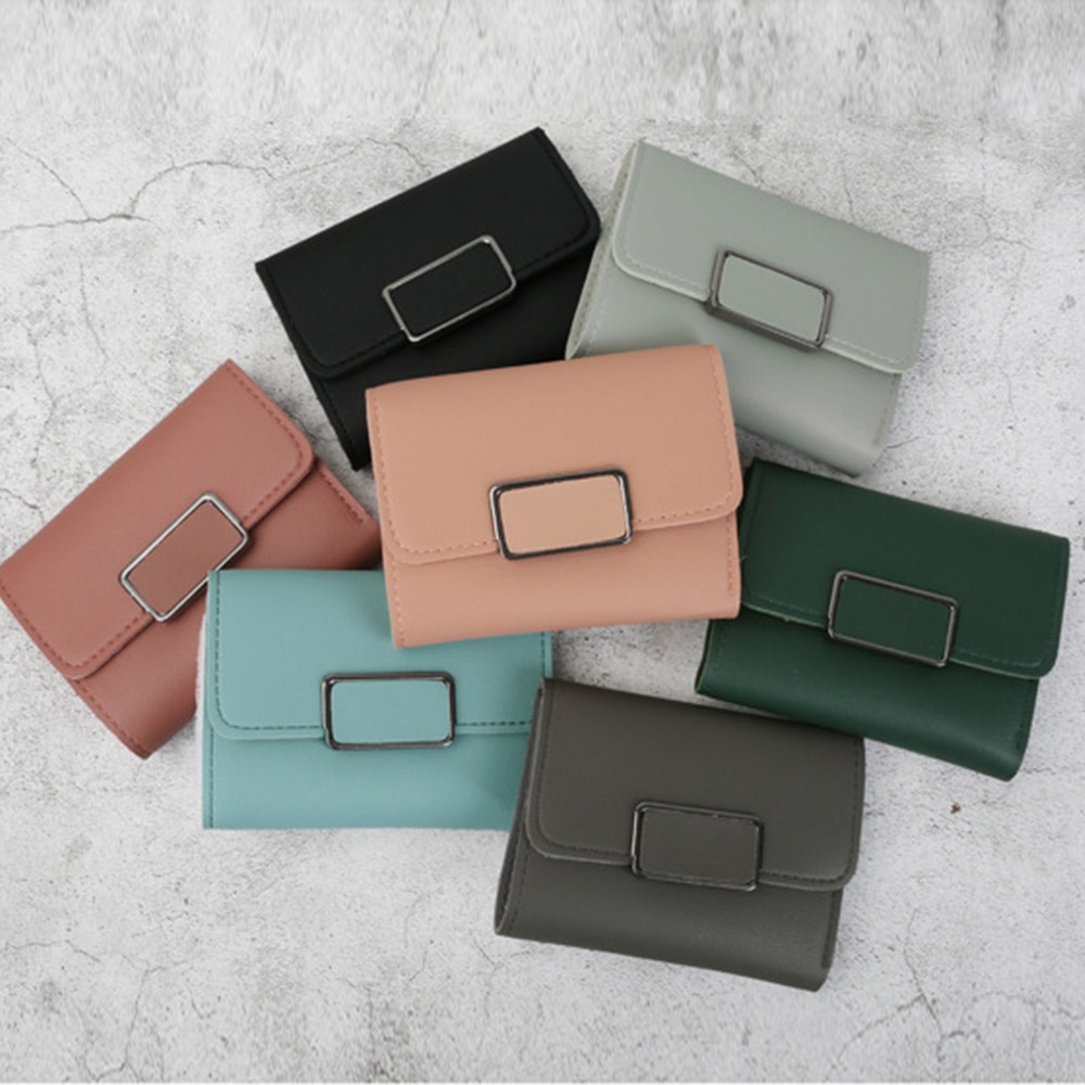 Women Leather Small Wallet Card Holder Solid Color Short Lovely Purse Zip Coin Purses Clutch Handbag Coin Purse