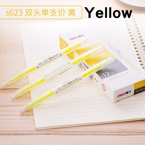 12PCS/BOX Deli S623 Double side Highlighters pen marker pen 6 colors Oblique & Round head double side highligters office school: Yellow