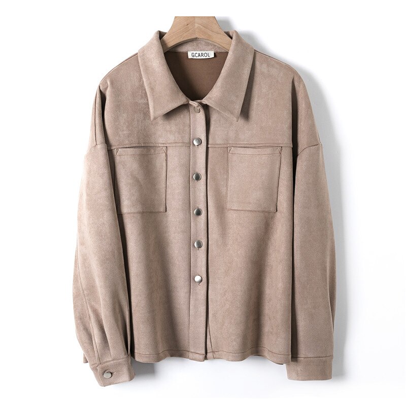 GCAROL-Chaqueta de terciopelo con cuello vuelto para mujer, abrigo grueso de un solo pecho con hombro caído, oversize, para otoño e invierno,: Khaki
