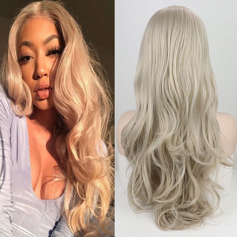 Bombe Platin Grau Natürliche Welle Synthetische 13*3 Spitze Vorne Perücke Glueless Hitze Beständig Faser Haar Natürlichen Haaransatz Für frauen