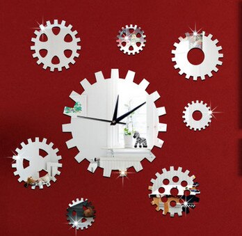 Reloj 3D DIY de decoración reloj de precisión torneado espejo de engranajes sofá de fondo Reloj de pared reloj de cuarzo: Plata