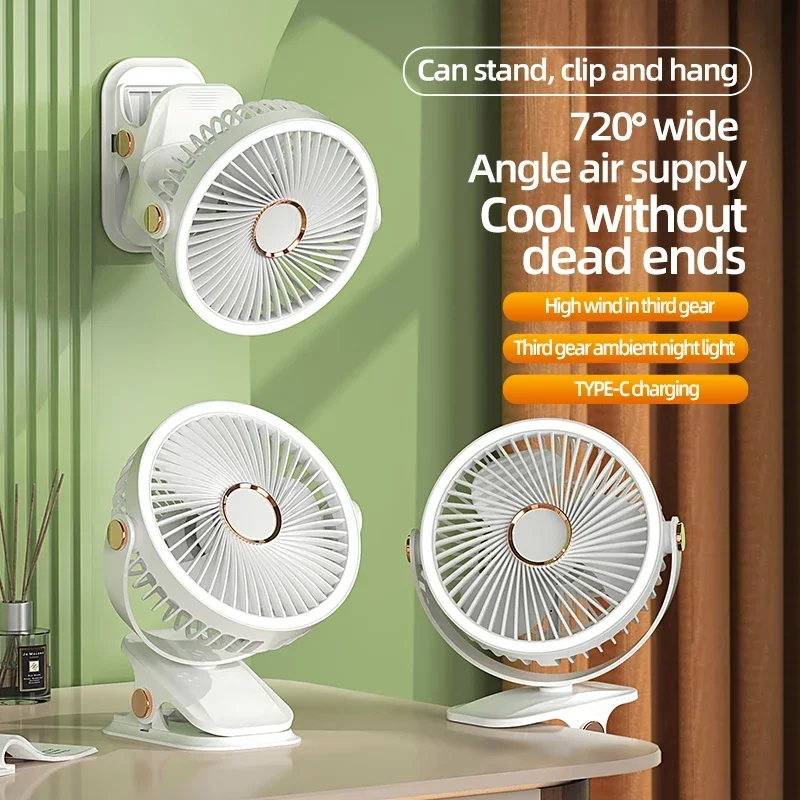 Ventilatore da campeggio 8000mAh Circolatore d'aria portatile da tavolo ricaricabile Ventilatore elettrico da soffitto senza fili con luce a portato Ventilatore domestico clip-in poi