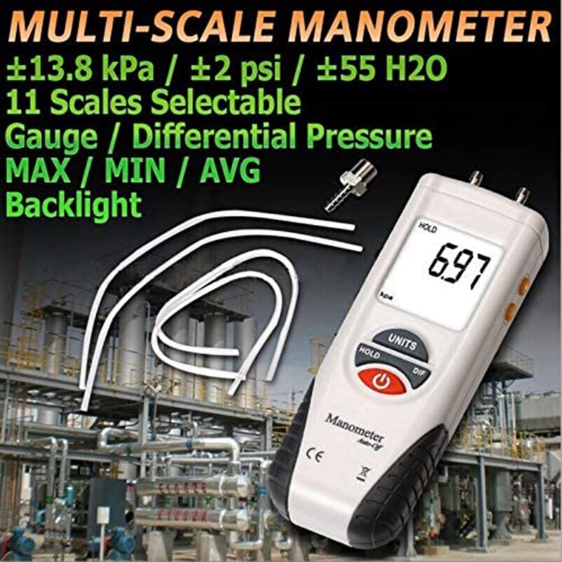 Digital Manometer, Portable Handheld Air Vacuum/Gas Pressure Gauge Meter 11 Units with Backlight, Ventilation HVAC