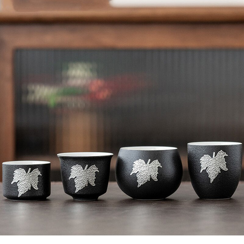 Thé thé maître tasse bol noir Zen thé tasse Boutique à la main incrusté feuille d'étain gros poterie tasse à thé