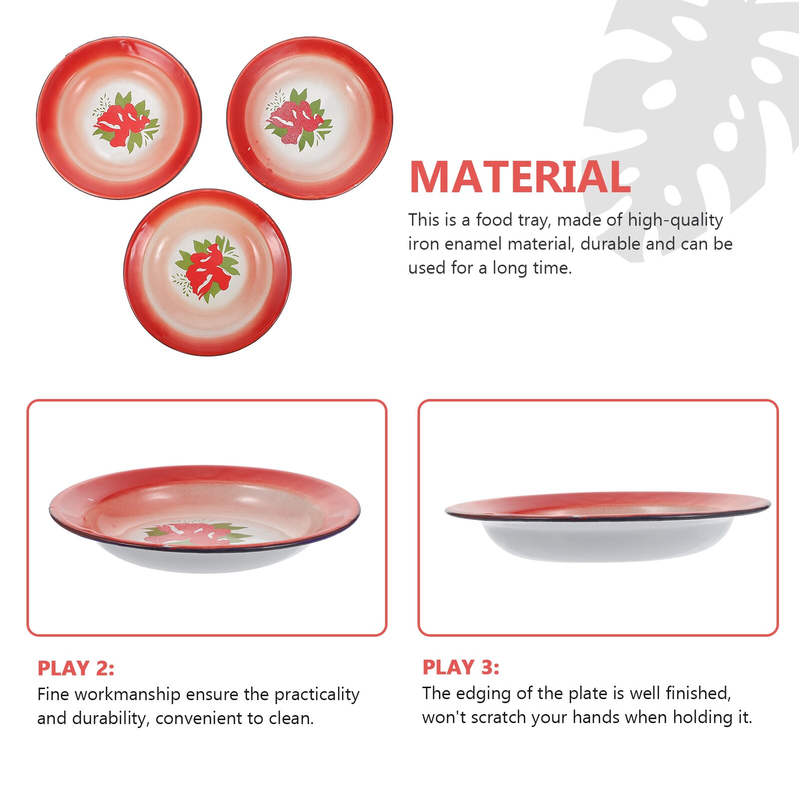 3pcs Iron Enamel Snack Plates Chinese Style Serving Plates Food Trays (Red)