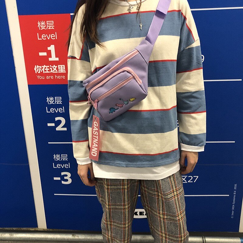 Nette Karikatur Dinosaurier Stickerei Große Taille Tasche Frauen Handy, Mobiltelefon Harajuku Hüfte hüpfen Straße Brust fanny Pack Brust tasche einfarbig