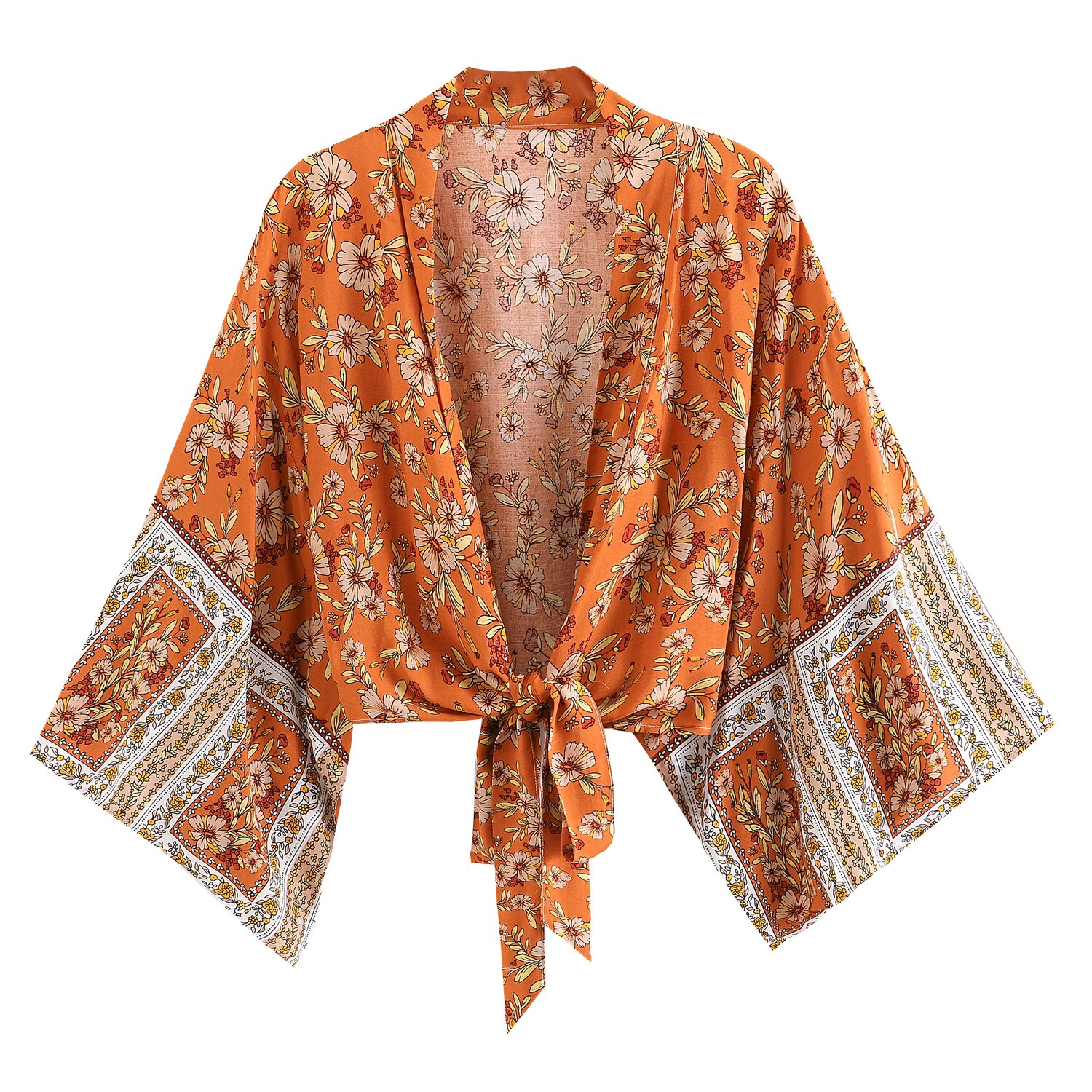 Tropical Print Kimono Sleeve Cotton Wrap Top