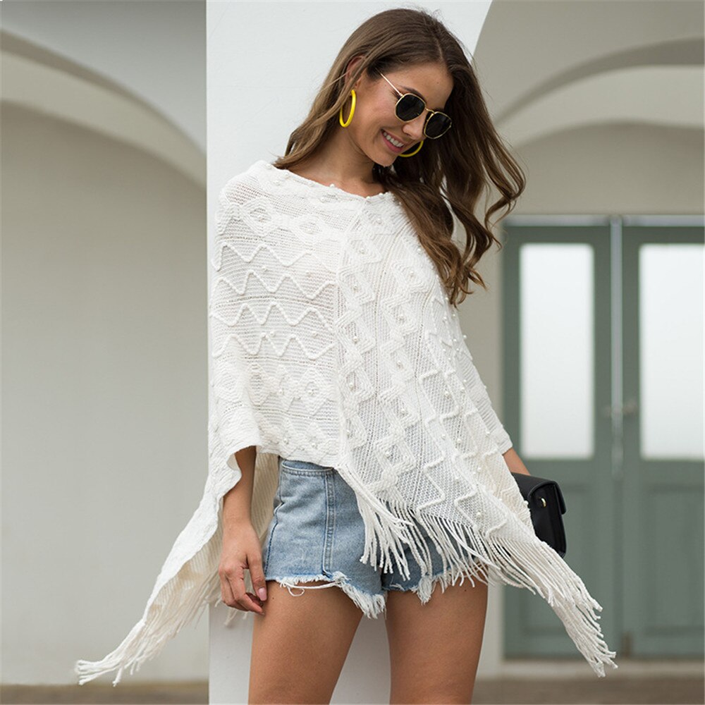 Chal blanco, prendas de vestir exteriores, suéter de punto con borla, capa holgada informal para mujeres, suéter, chal, Poncho de primavera Otoño, capa Irregular con dobladillo