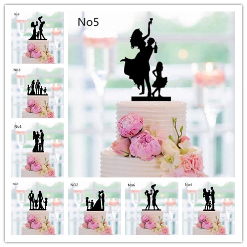 Mixed Style Black Acrylic Wedding Cake Topper For Decor Mariage Mr Mrs Bride Groom Family Cake Toppers Baby Shower Decoration