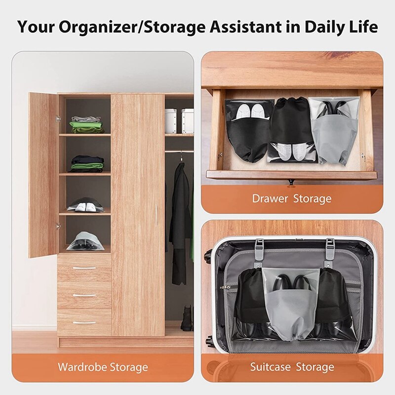 Sacs à chaussures de voyage 20 pièces, grands organisateurs d'emballage de pochettes pour chaussures, stockage de chaussures Non tissées avec corde épaisse noir + gris