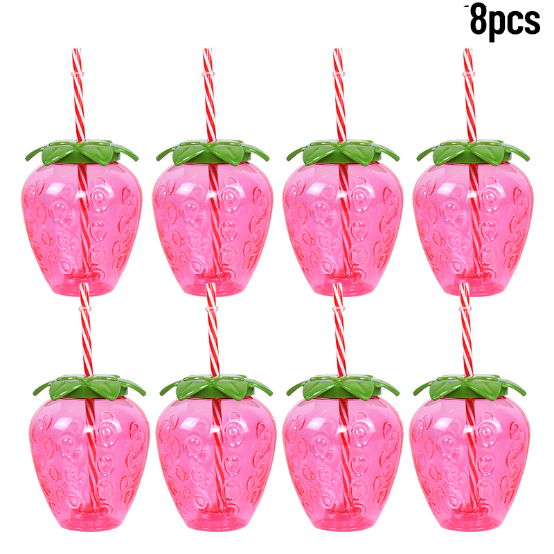 Vasos de piña de plástico con pajita y fresa para beber, 8 piezas, Hawaiano, Luau, decoración de Tropical, suministros de cumpleaños de playa de verano: Verde oliva