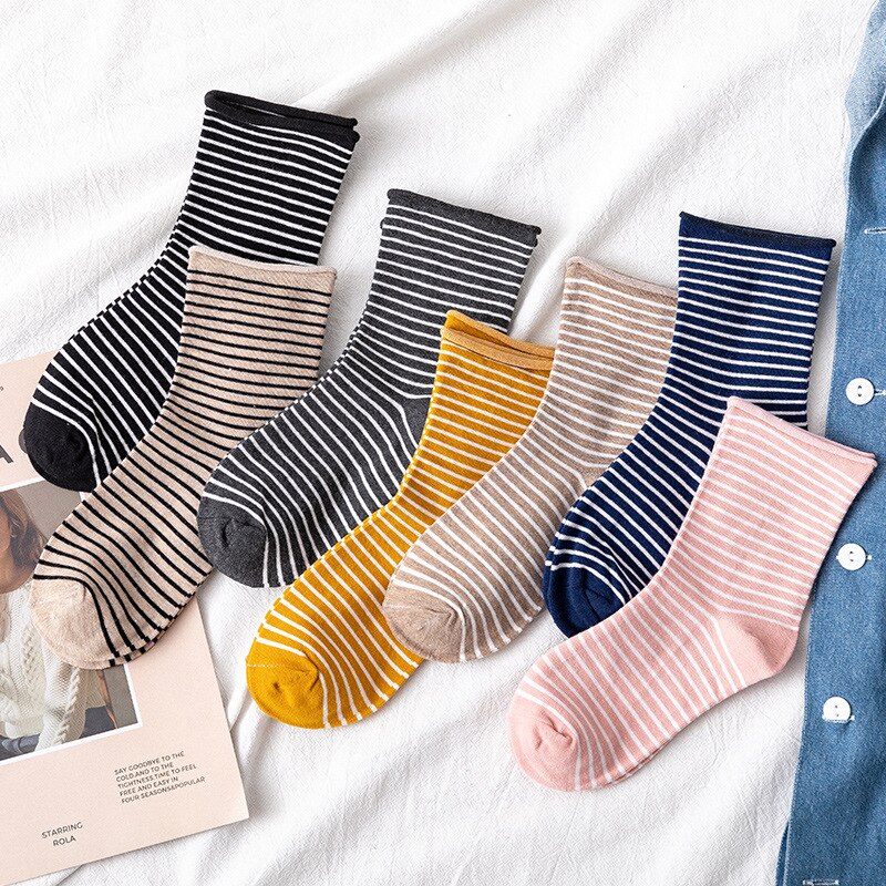 Japanese Harajuku Style Stripe Kawaii Socks Women Autumn Spring Hemming Pink Socks Cotton for Ladies 120601