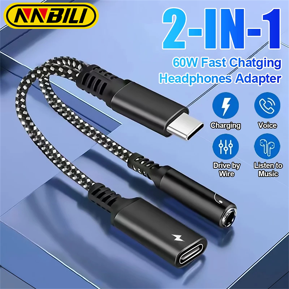 Nbili 2 in1 USBC do 3.5mm gniazdo słuchawkowe typu C PD 60W ładowanie Audio Aux adapter do iPhone 15 iPad Pro Samsung S24 Xiaomi Huawei