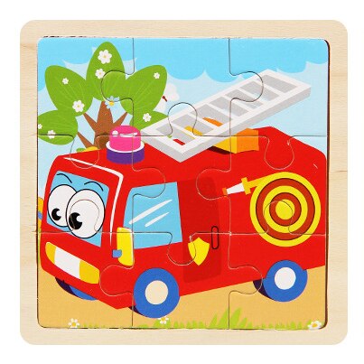 Mini Size 11*11cm Wooden 3D Cartoon Puzzle Jigsaw for Children Kids Cartoon Animal/traffic Puzzles Educational Toy Girl Boy: fire car