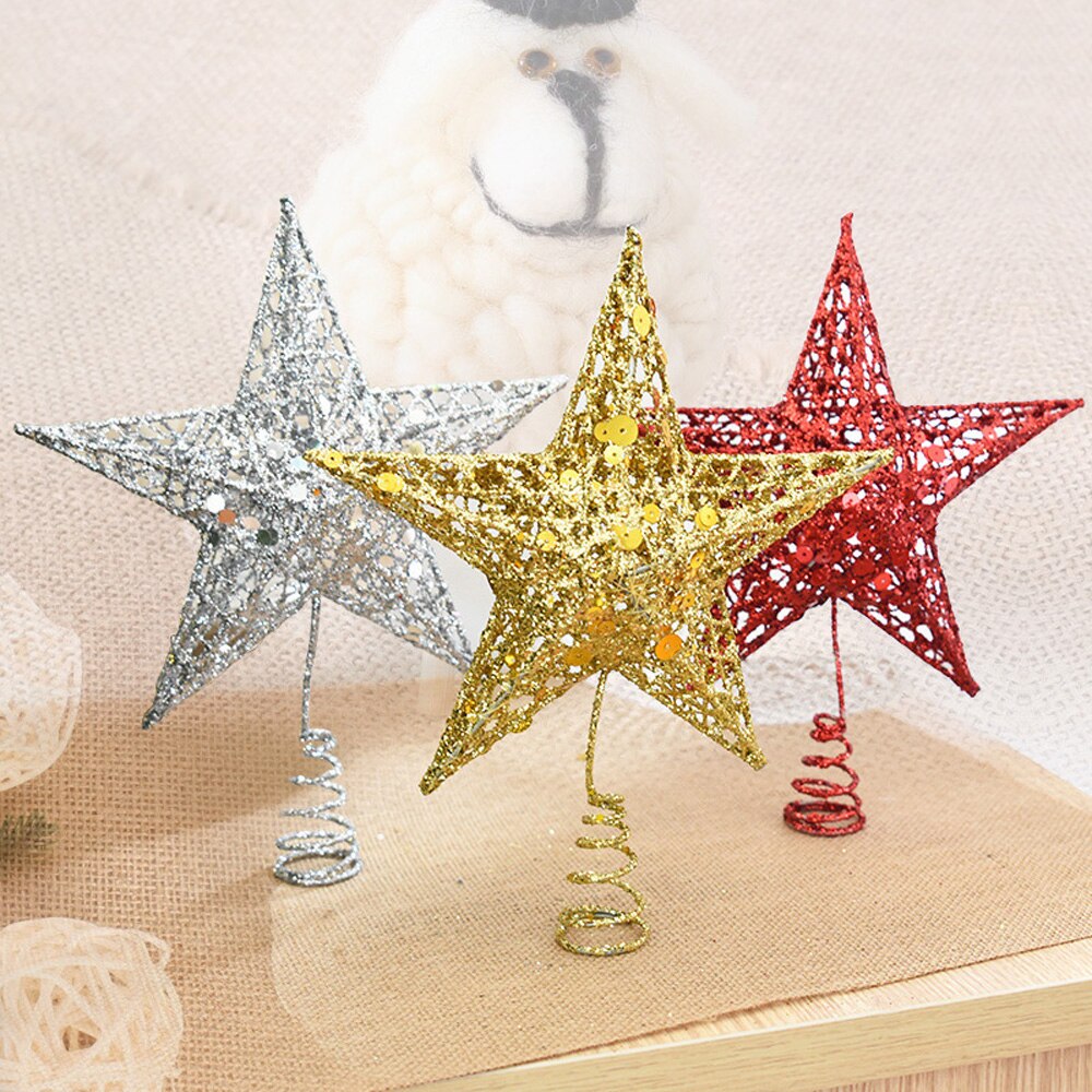 Sequin Star Xmas Tree Topper Metal Hollow Glitter Hanging Ornaments DIY Solid Color Shining Christmas Decor Photo Prop