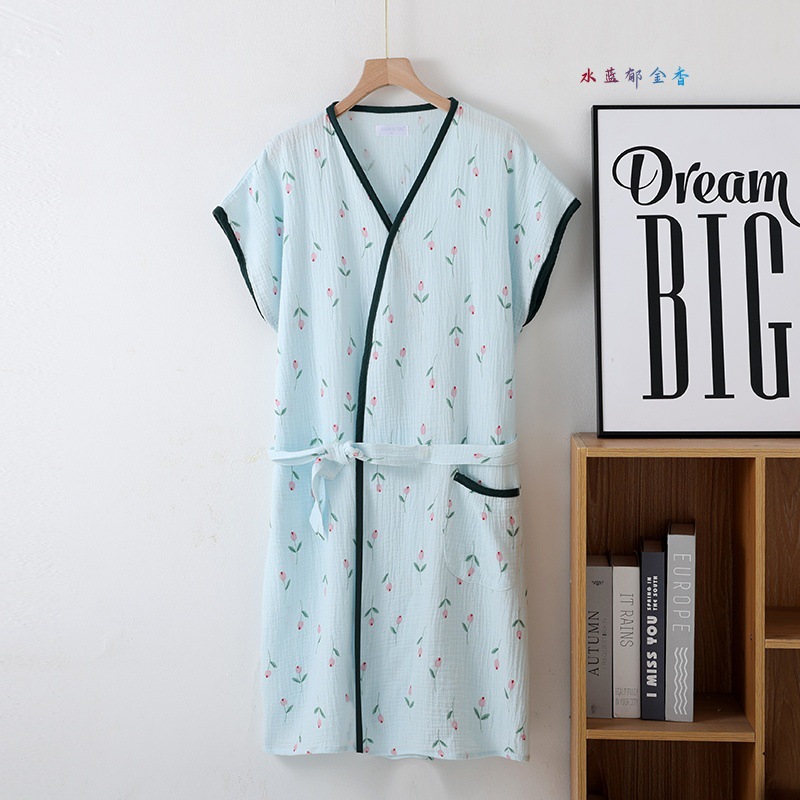 Peignoir de bain à manches courtes pour femmes, impression de fleurs multicolores, vêtements de nuit, chemise de nuit, peignoirs de maison: L / Bleu