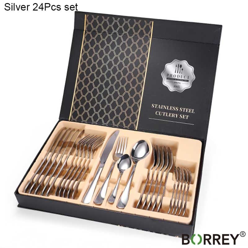 BORREY 24 Uds juego de cubiertos de acero inoxidable, cubiertos de oro rosa, cubiertos de oro, conjunto de vajilla para cena, juego de vajilla occidental: Silver(24pcs)