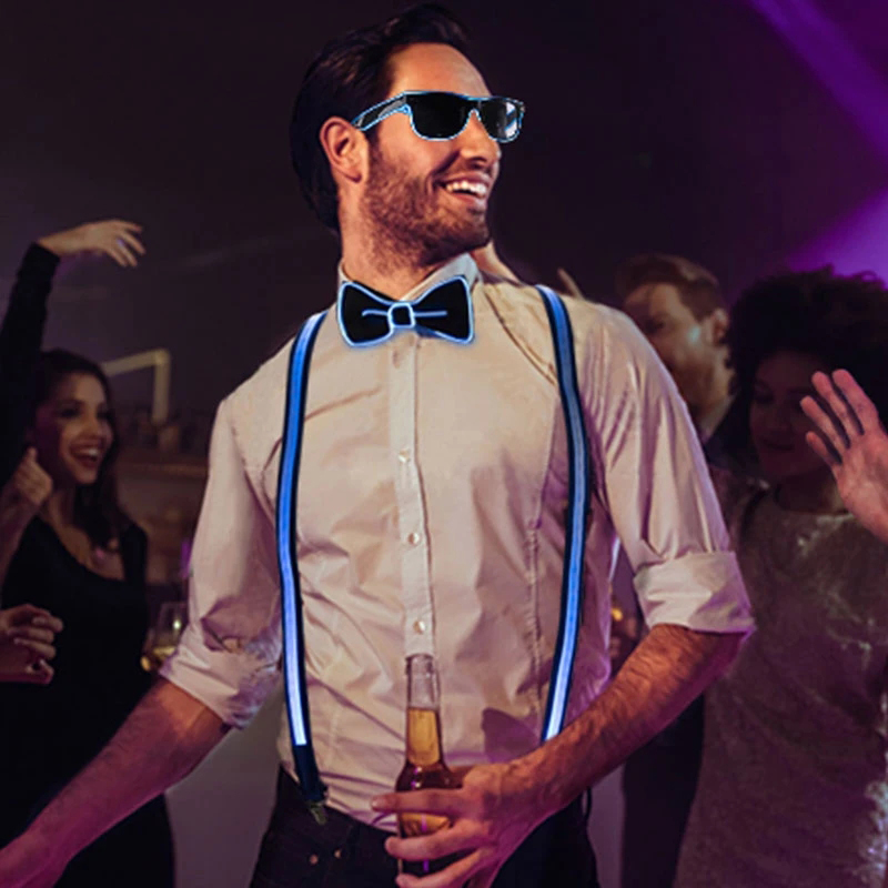 Leuchtende LED-Hosenträger für Herren, Fliege, Unisex, elastisch, verstellbar, Hosenträger, beleuchtete LED für Musik, Festival, Kostümparty