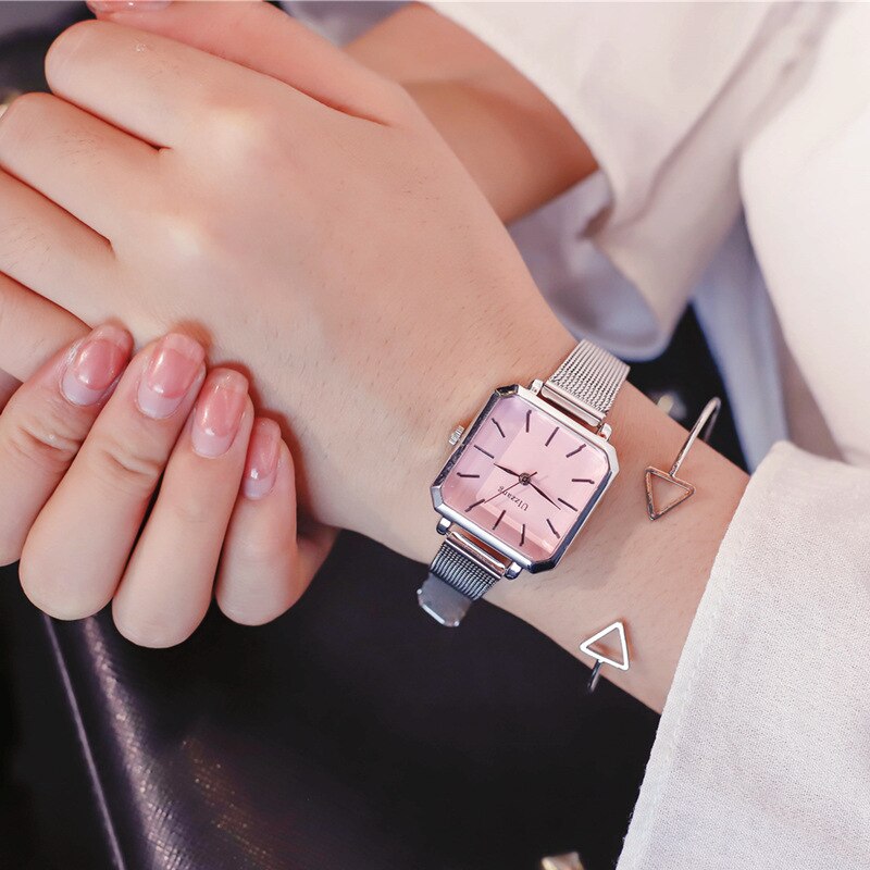 Ulzzang Vintage Vierkante Lederen Vrouwen Horloges Dames Zilver Quartz Horloges Vrouwelijke Rvs Mesh Armband Horloge Klok