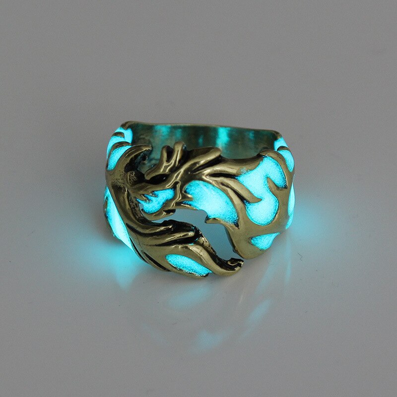 Gothic Punk Noctilucent Dragon Rings Vintage Silver Plated Luminous Glow In The Dark Pterosaur Ring for Men Halloween Jewelry: 10 / Bronze Blue