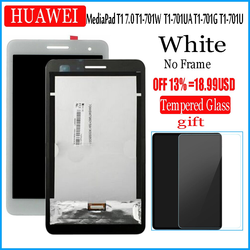 7 inch LCD Display and Touch Screen frame For HUAWEI MediaPad T1 7.0 3G T1-702U 702 702U 702U T1-702 tablet Digitizer Assembly: white No Frame
