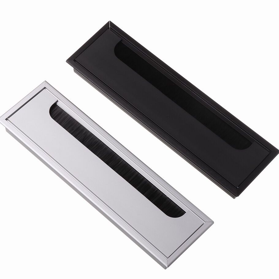 1PC Aluminum Alloy Rectangle Wire Cable Holder Grommet Hole Cover Outlet Port with Black Brush For PC Office Table Desk