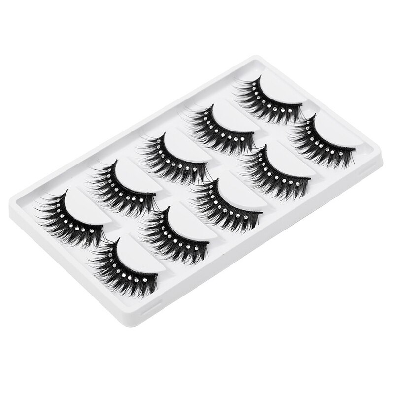 5 par scen makeup förlängning ögonfransar svarta långa med 9 diamanter dekoration lyxig naturlig rörig fluffig volym fransar mycket