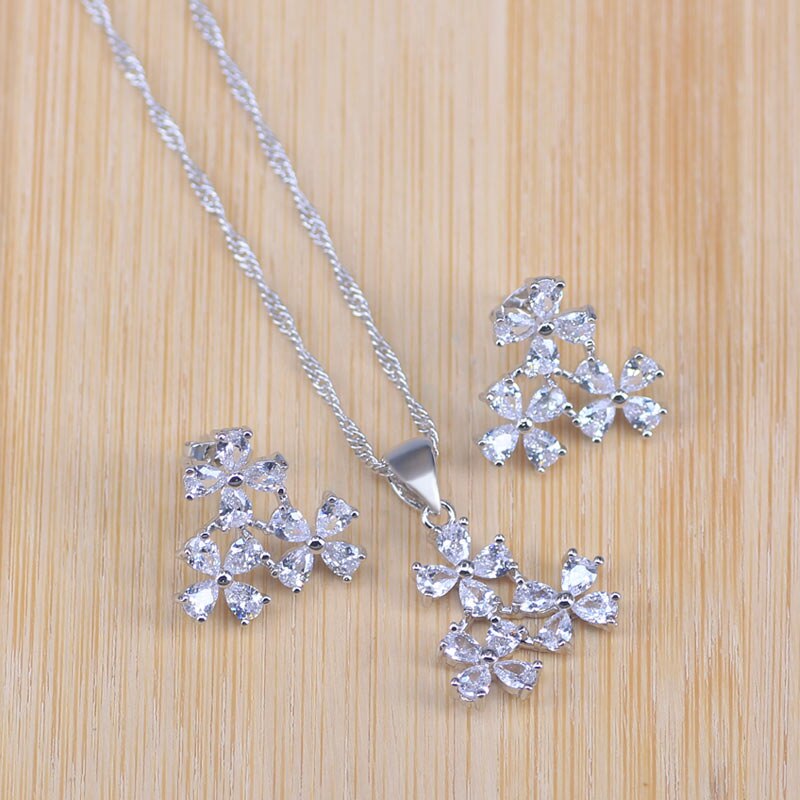 Crystal Paved Bridal Jewelry Sets Silver Color Flower Shape Pendant Necklace Earrings Women Wedding Jewelry Set: white