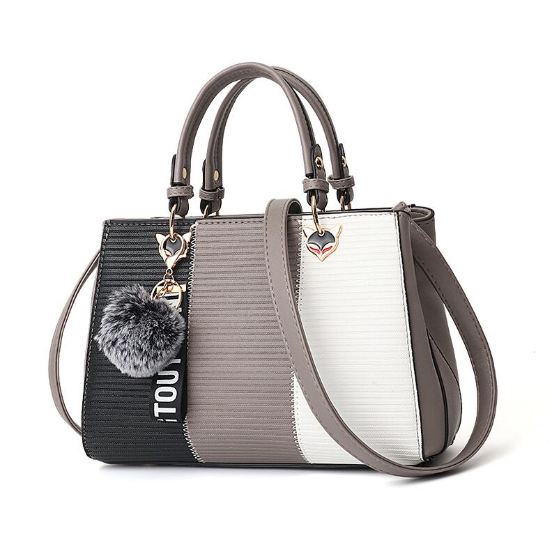 ACELURE PU Leather Handbag - Patchwork Design with Hairball Ornaments & Zipper Closure - Women's Shoulder Tote Bag: Gray