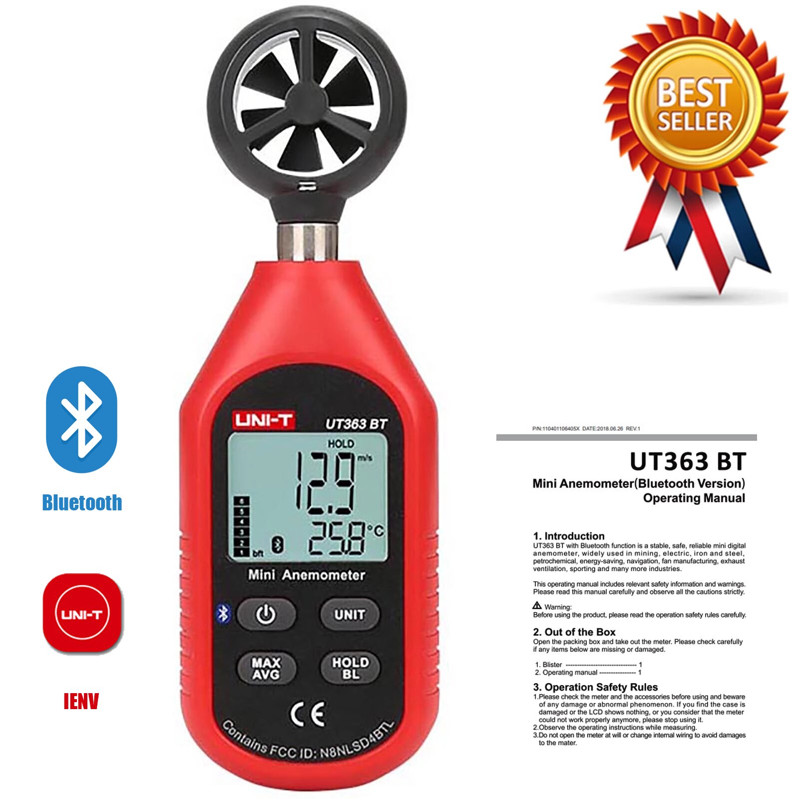UNI-T UT363 UT363BT Mini Handheld Anemometer With Bluetooth Digital Wind Anemometers Speed Measurement Temperature Tester.: UT363BT