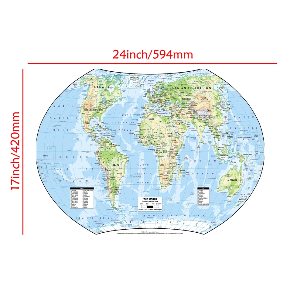 A2 Size The World Map Hammer Projection HD Fine Canvas Wall Map Unframed Home Decor Crafts